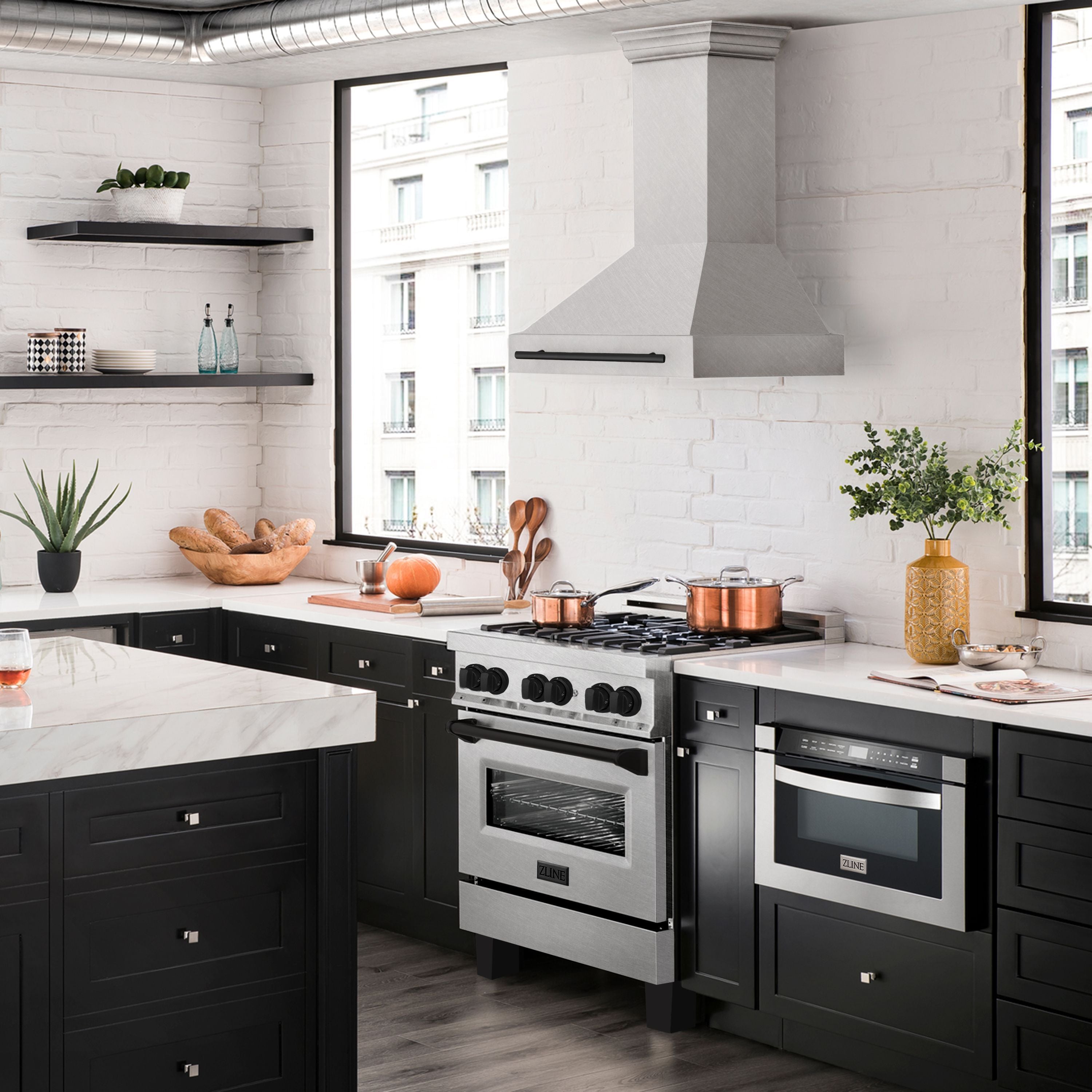 ZLINE 30 in Wall Mount Range Hood 400 CFM Satin Stainless Steel Matte Black Handle (8654SNZ-30-MB)