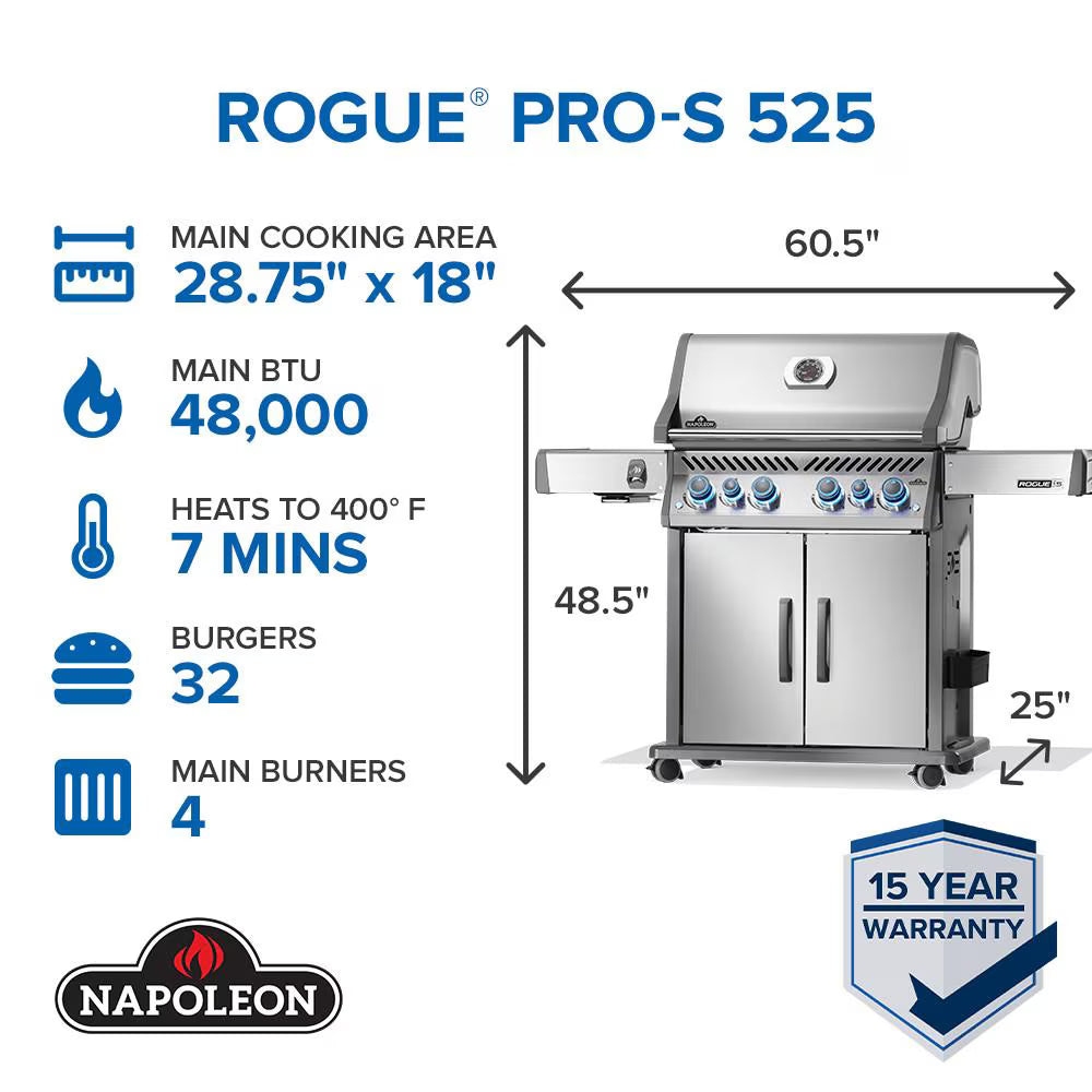 Napoleon Rogue PRO-S 525 4-Burner Propane Gas Grill with Side Burner and SafetyGlow Knobs (RPS525RSIBPSS-2)