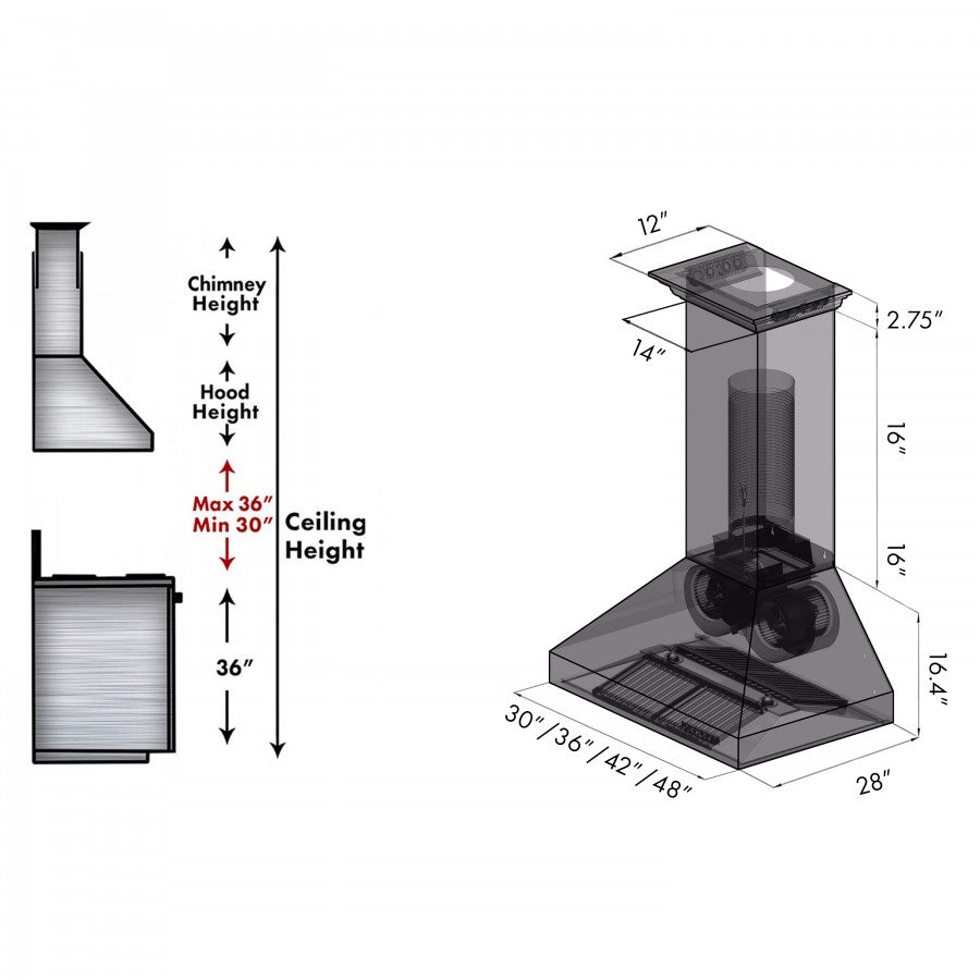 ZLINE 48 in. Wall Mount Range Hood 400 CFM Stainless Steel CrownSound Bluetooth Speakers (697CRN-BT-48)