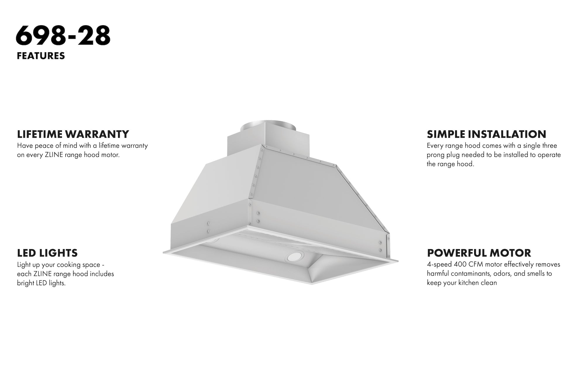 ZLINE 28 in. Range Hood Insert 18 in. Depth Wall Mount Stainless Steel Built-In Ventilation 700 CFM (698-28)