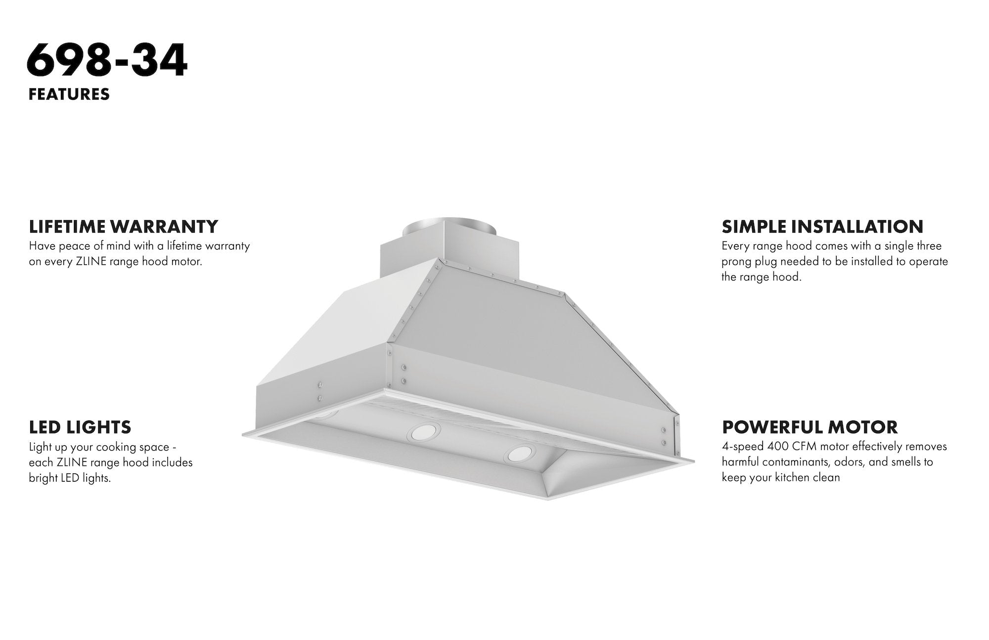 ZLINE 34 in. Outdoor Wall Mount Range Hood Insert 18 in. Depth Stainless Steel 700 CFM (698-304-34)