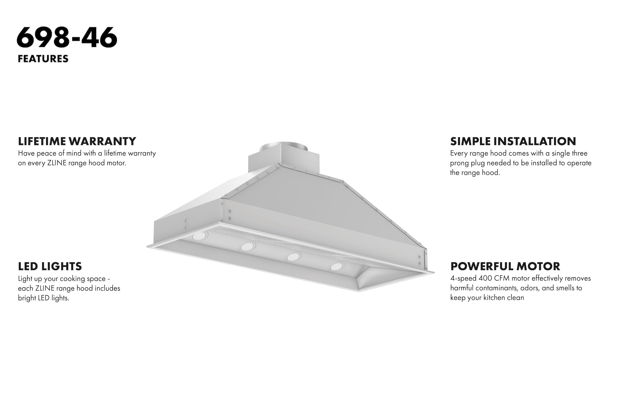 ZLINE 46 in. Range Hood Insert 18 in. Depth Stainless Steel 700 CFM 4-Speed Motor LED Lighting (698-46)