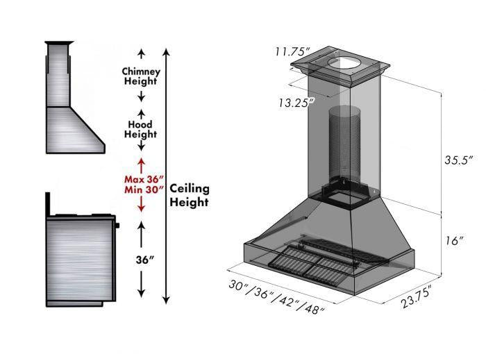 ZLINE 36 in. Wall Mount Range Hood – Satin Stainless Steel with Blue Gloss Shell, 700 CFM, 8654BG-36
