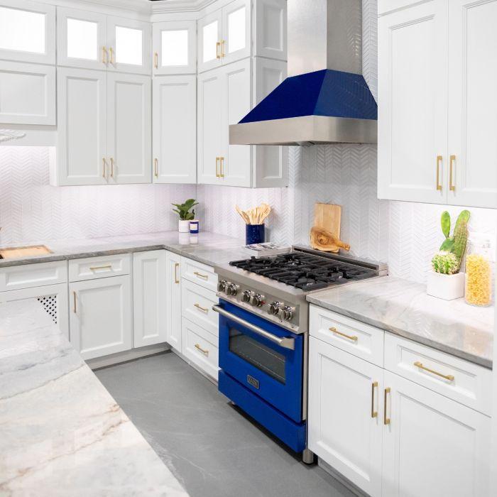 ZLINE 48 in. Wall Mount Range Hood Ducted 700 CFM Satin Stainless Steel with Blue Gloss Shell (8654BG-48)