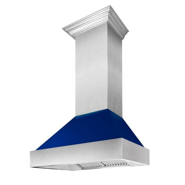 ZLINE 48 in. Wall Mount Range Hood Ducted 700 CFM Satin Stainless Steel with Blue Gloss Shell (8654BG-48)