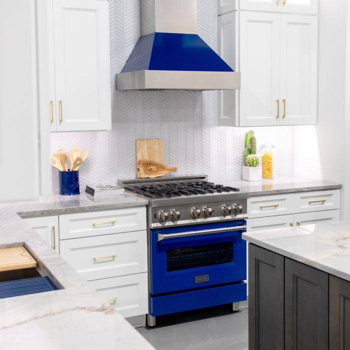ZLINE 48 in. Wall Mount Range Hood Ducted 700 CFM Satin Stainless Steel with Blue Gloss Shell (8654BG-48)