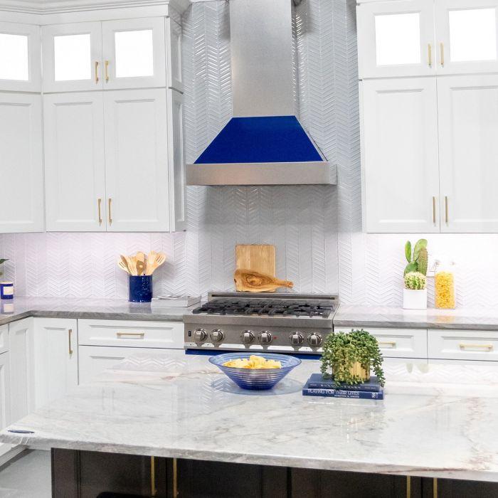 ZLINE 48 in. Wall Mount Range Hood Ducted 700 CFM Satin Stainless Steel with Blue Gloss Shell (8654BG-48)