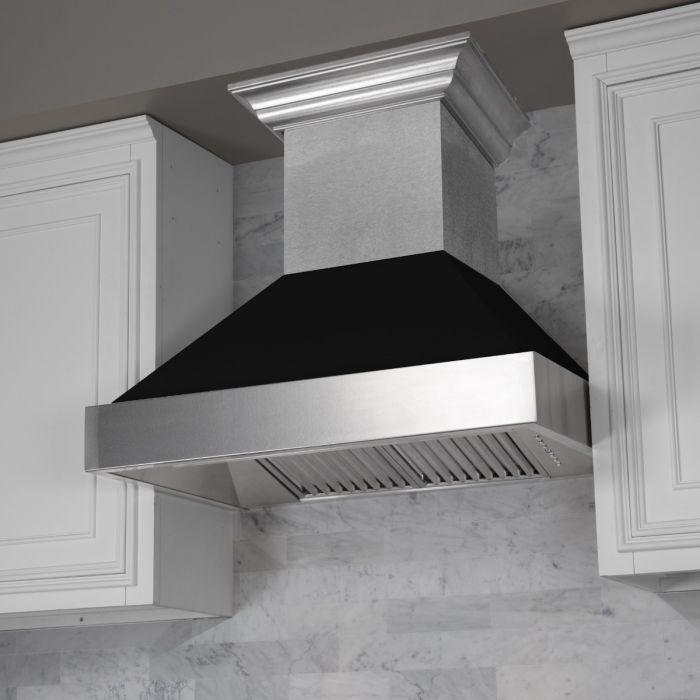 ZLINE 48" Wall Mount Range Hood Ducted Satin Stainless Steel Black Matte Shell 8654BLM-48