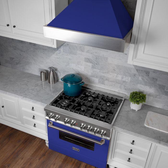 ZLINE 30 in. Wall Mount Range Hood – Satin Stainless Steel & Blue Matte Finish, Ducted, 400 CFM (8654BM-30)