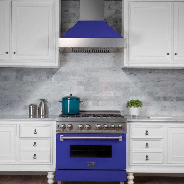 ZLINE 30 in. Wall Mount Range Hood – Satin Stainless Steel & Blue Matte Finish, Ducted, 400 CFM (8654BM-30)