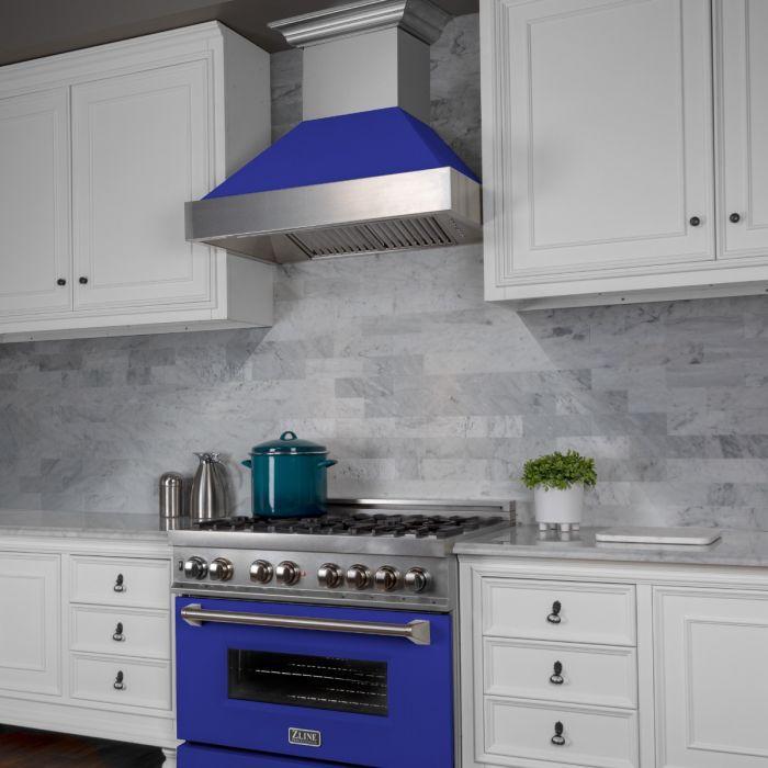ZLINE 36 in. Wall Mount Range Hood Ducted Satin Stainless Steel with Blue Matte Shell (8654BM-36)