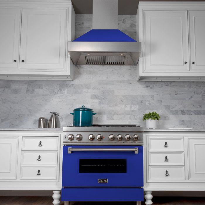 ZLINE 36 in. Wall Mount Range Hood Ducted Satin Stainless Steel with Blue Matte Shell (8654BM-36)