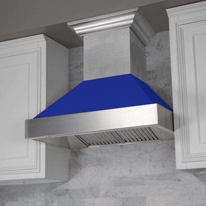 ZLINE 36 in. Wall Mount Range Hood Ducted Satin Stainless Steel with Blue Matte Shell (8654BM-36)