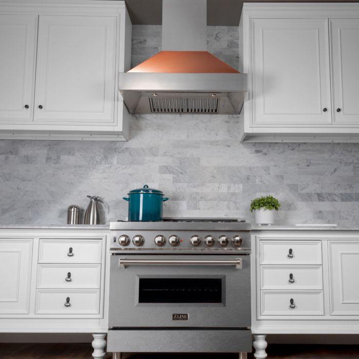 ZLINE 30 in. Wall Mount Range Hood – Satin Stainless Steel, Copper Shell, Ducted, 8654C-30