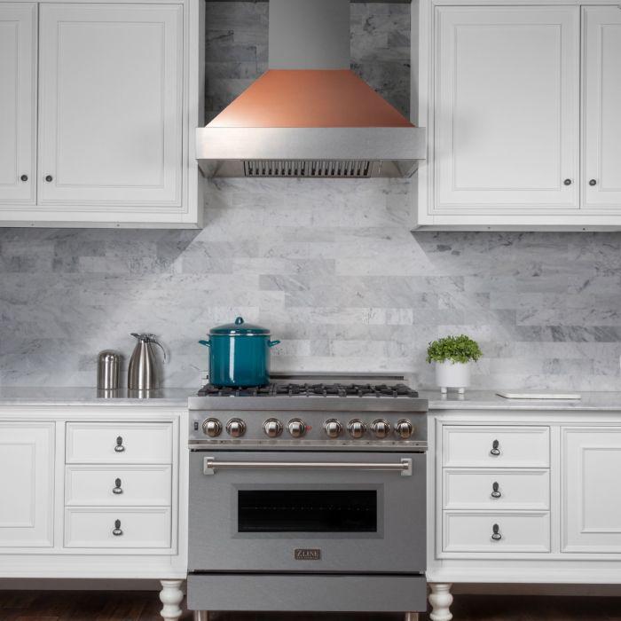 ZLINE 36 in. Wall Mount Range Hood Ducted Satin Stainless Steel Copper Shell 400 CFM (8654C-36)