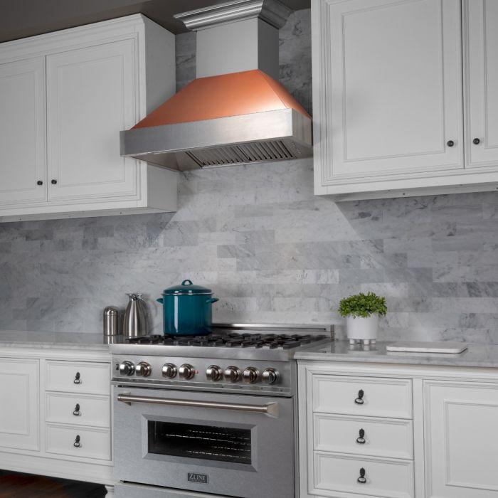 ZLINE 36 in. Wall Mount Range Hood Ducted Satin Stainless Steel Copper Shell 400 CFM (8654C-36)