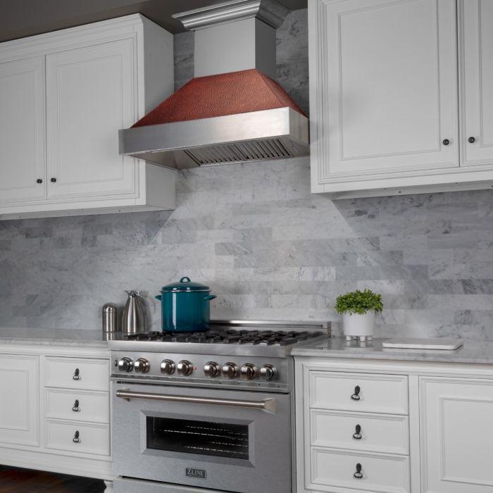 ZLINE 30 in. Wall Mount Range Hood, Satin Stainless Steel, Hand-Hammered Copper Shell, Ducted Vent, 400 CFM (8654HH-30)