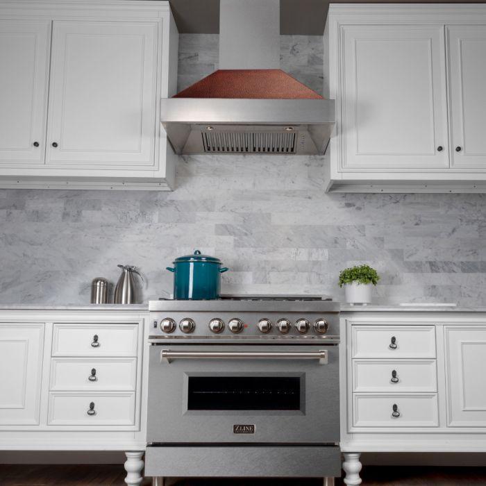 ZLINE 36 Inch Wall Mount Range Hood Ducted Satin Stainless Steel with Hand-Hammered Copper Shell 700 CFM (8654HH-36)
