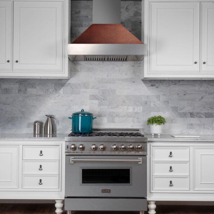 ZLINE 36 Inch Wall Mount Range Hood Ducted Satin Stainless Steel with Hand-Hammered Copper Shell 700 CFM (8654HH-36)