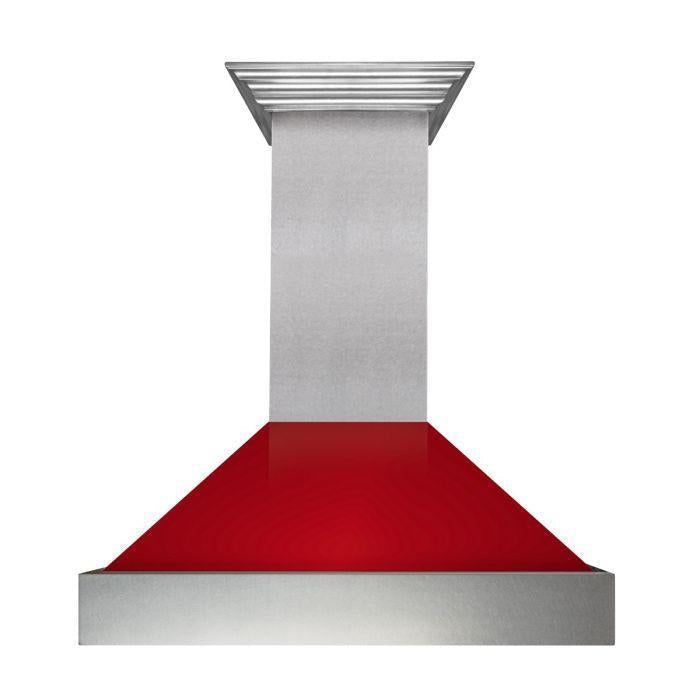 ZLINE 30 Inch Wall Mount Range Hood Ducted Satin Stainless Steel with Red Gloss Shell (8654RG-30)