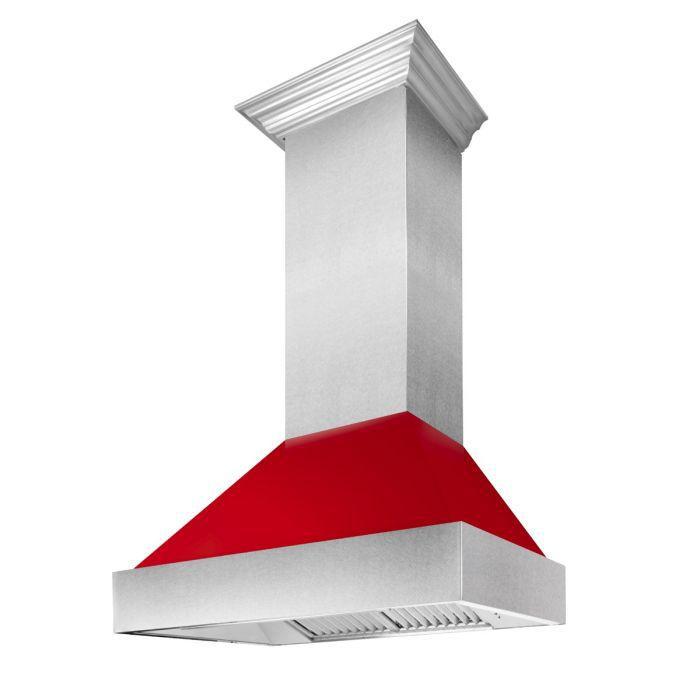 ZLINE 30 Inch Wall Mount Range Hood Ducted Satin Stainless Steel with Red Gloss Shell (8654RG-30)