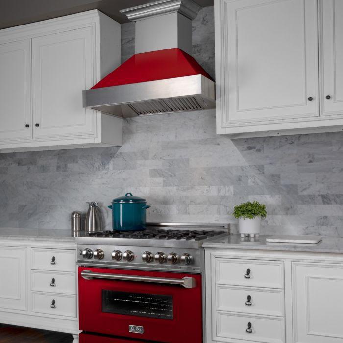 ZLINE 30 Inch Wall Mount Range Hood Ducted Satin Stainless Steel with Red Gloss Shell (8654RG-30)