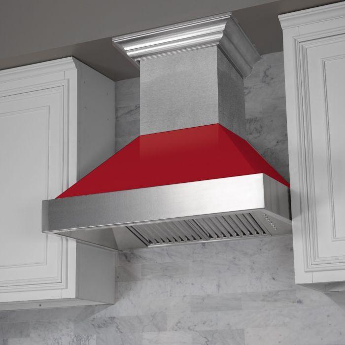 ZLINE 30 Inch Wall Mount Range Hood Ducted Satin Stainless Steel with Red Gloss Shell (8654RG-30)
