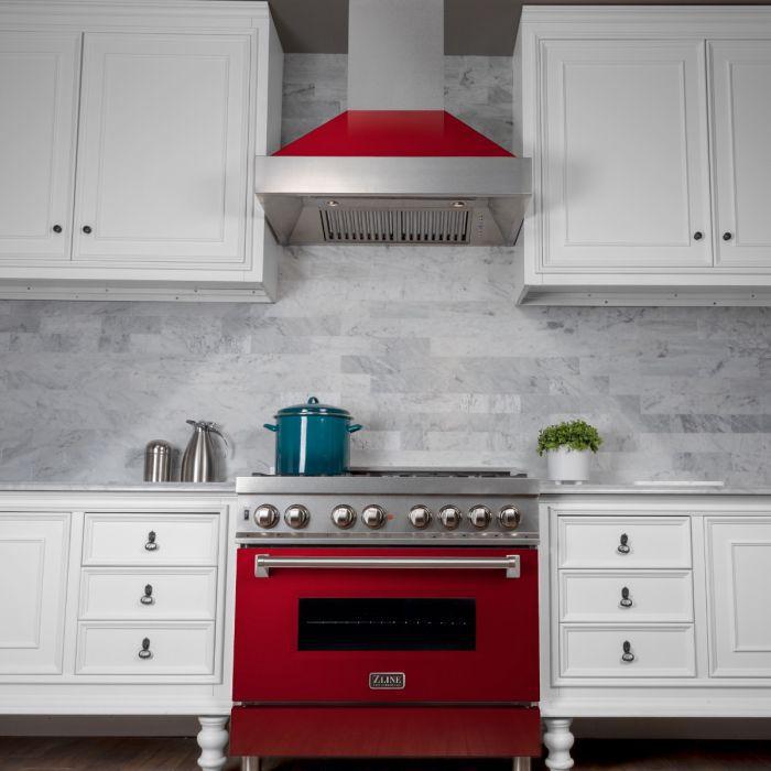 ZLINE 30 Inch Wall Mount Range Hood Ducted Satin Stainless Steel with Red Gloss Shell (8654RG-30)
