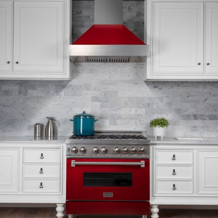 ZLINE 30 Inch Wall Mount Range Hood Ducted Satin Stainless Steel with Red Gloss Shell (8654RG-30)