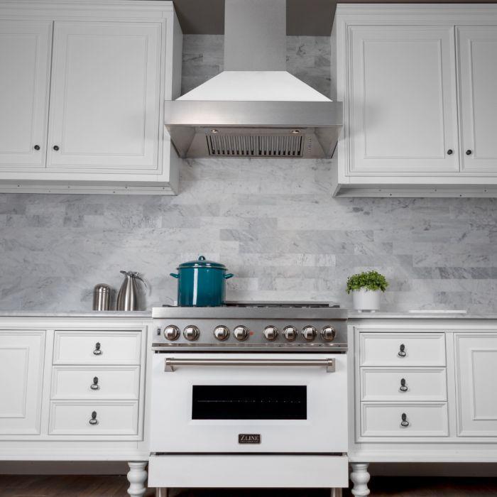 ZLINE 36 in. Wall Mount Range Hood Ducted Satin Stainless Steel White Matte Shell 8654WM-36