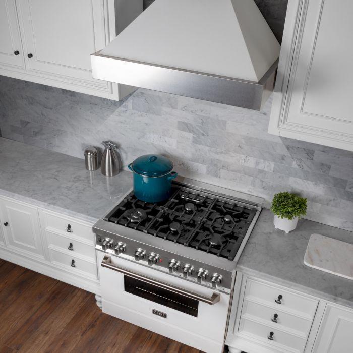 ZLINE 36 in. Wall Mount Range Hood Ducted Satin Stainless Steel White Matte Shell 8654WM-36