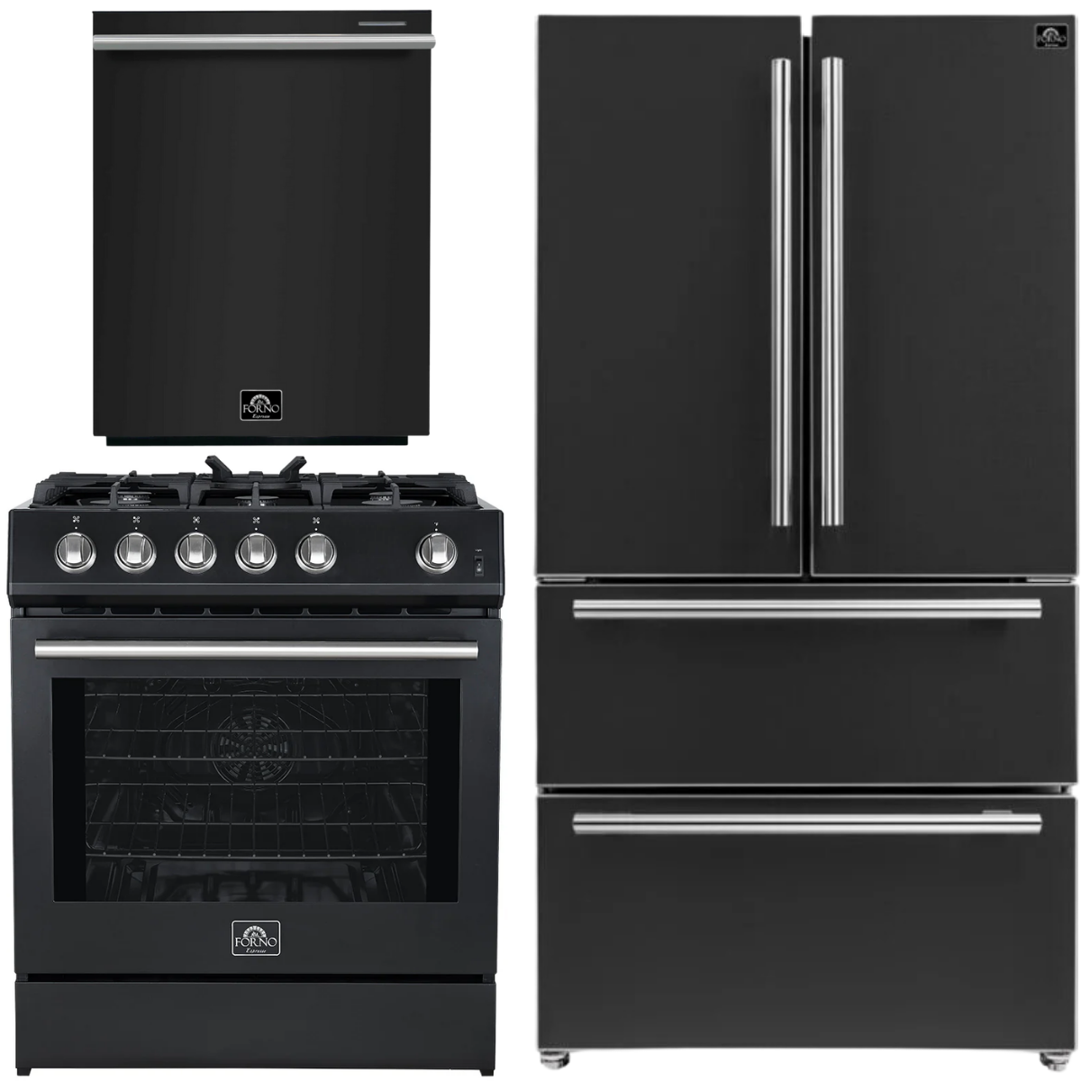 FORNO Espresso Package - 30" Gas Range, 36" Refrigerator with Ice Maker and Dishwasher in Black with Stainless Steel Accents