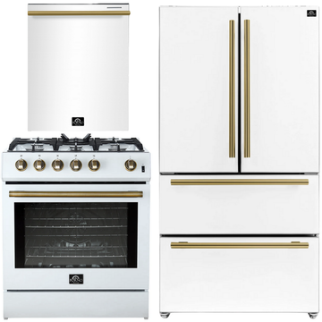 FORNO Espresso Package - 30" Gas Range, 36" Refrigerator with Ice Maker and Dishwasher in White with Antique Brass Accents