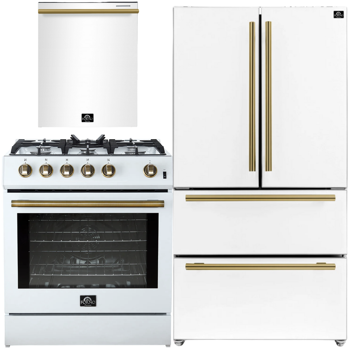 FORNO Espresso Package - 30" Gas Range, 36" Refrigerator with Ice Maker and Dishwasher in White with Antique Brass Accents