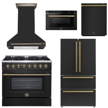 FORNO Appliance Package - 36" Dual Fuel Range, Range Hood, 36" Refrigerator, Dishwasher, Microwave in Black with Antique Brass Accents