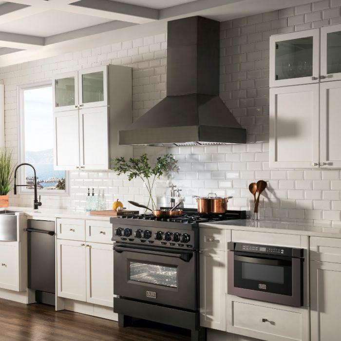 ZLINE 30 in. Wall Mount Range Hood 400 CFM Black Stainless Steel Push Button Controls LED Lighting (BS655N-30)
