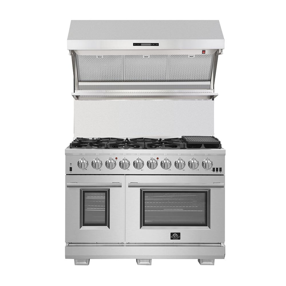 FORNO Package - 48 Inch Dual Fuel Range, Wall Mount Range Hood, Refrigerator, Microwave Drawer, Dishwasher, AP-FFSGS6156-48-8