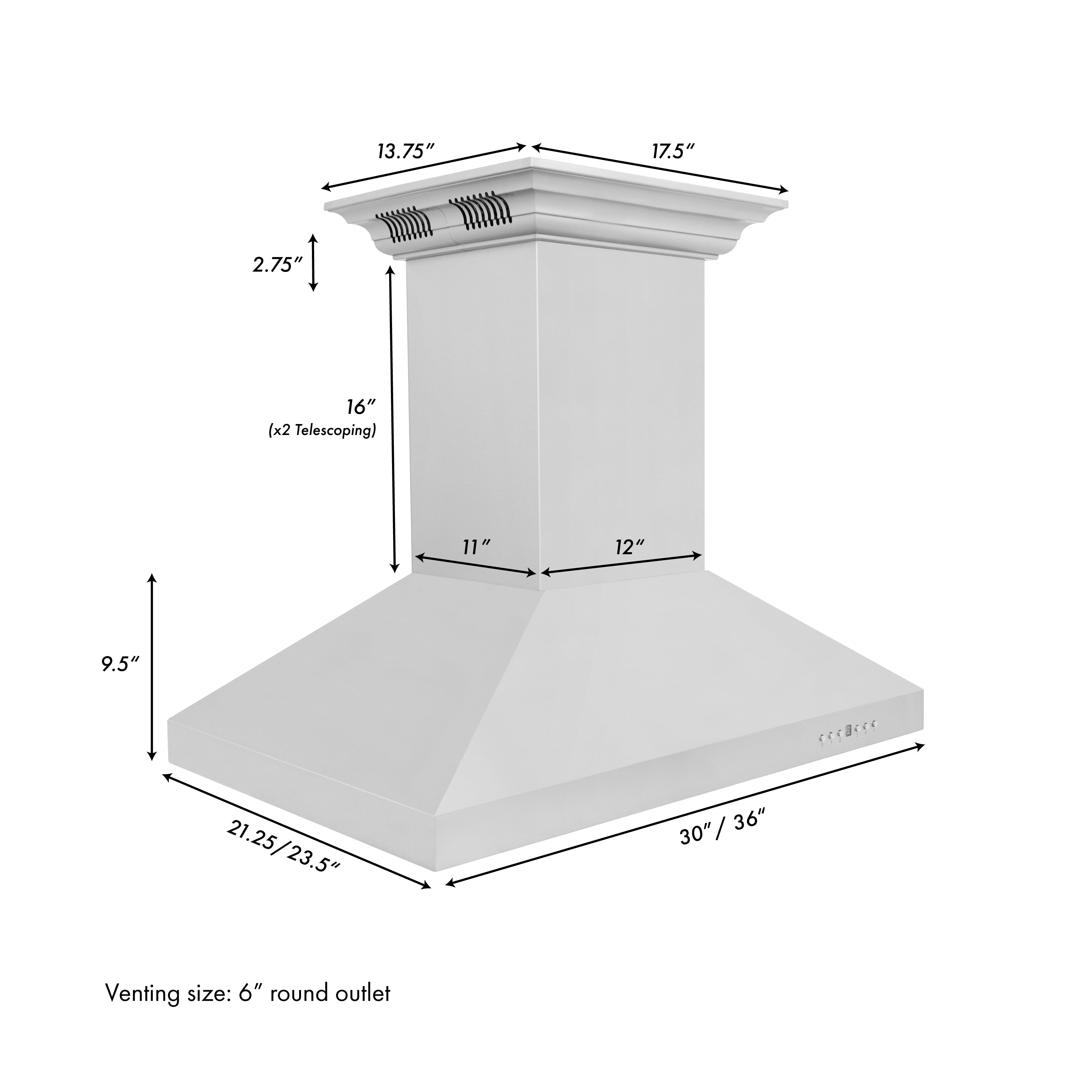 ZLINE 36" Island Mount Range Hood 400 CFM Stainless Steel CrownSound Bluetooth Speakers (KL3iCRN-BT-36)