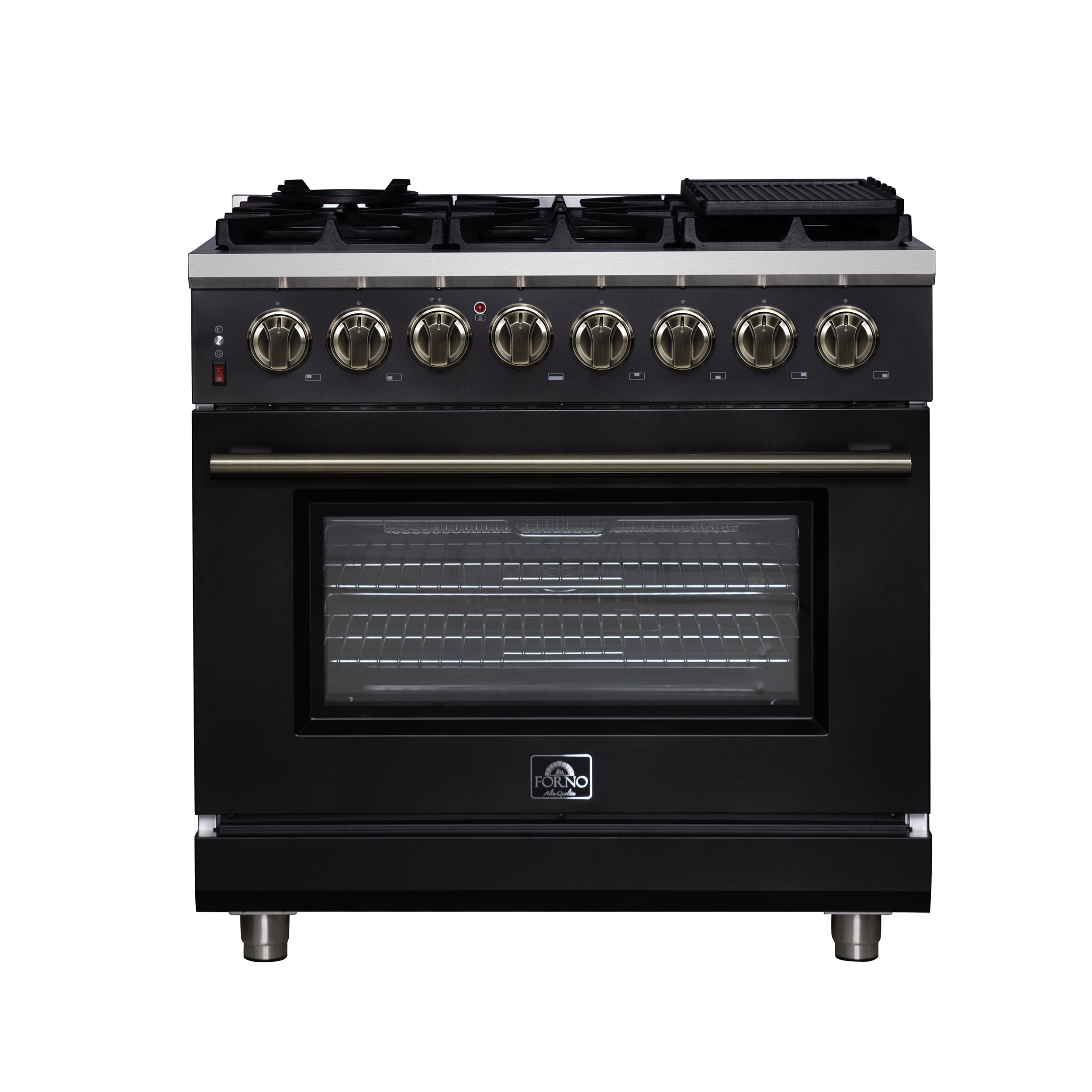 Forno Massimo 36-Inch Freestanding Dual Fuel Range, 6 Sealed Burners, 5.36 cu. ft. Convection Oven, Air Fry Kit, Wok Ring & Reversible Griddle, White with Brass Accents (Model FFSGS6125-36)