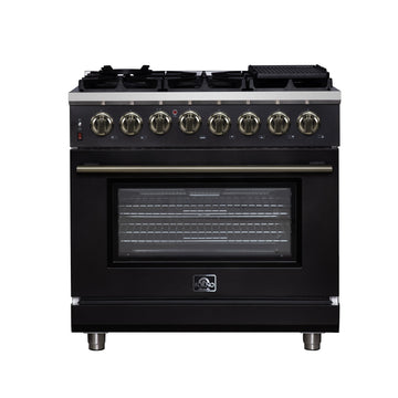 Forno Massimo 36-Inch Freestanding Dual Fuel Range, 6 Sealed Burners, 5.36 cu. ft. Convection Oven, Air Fry Kit, Wok Ring & Reversible Griddle, White with Brass Accents (Model FFSGS6125-36)