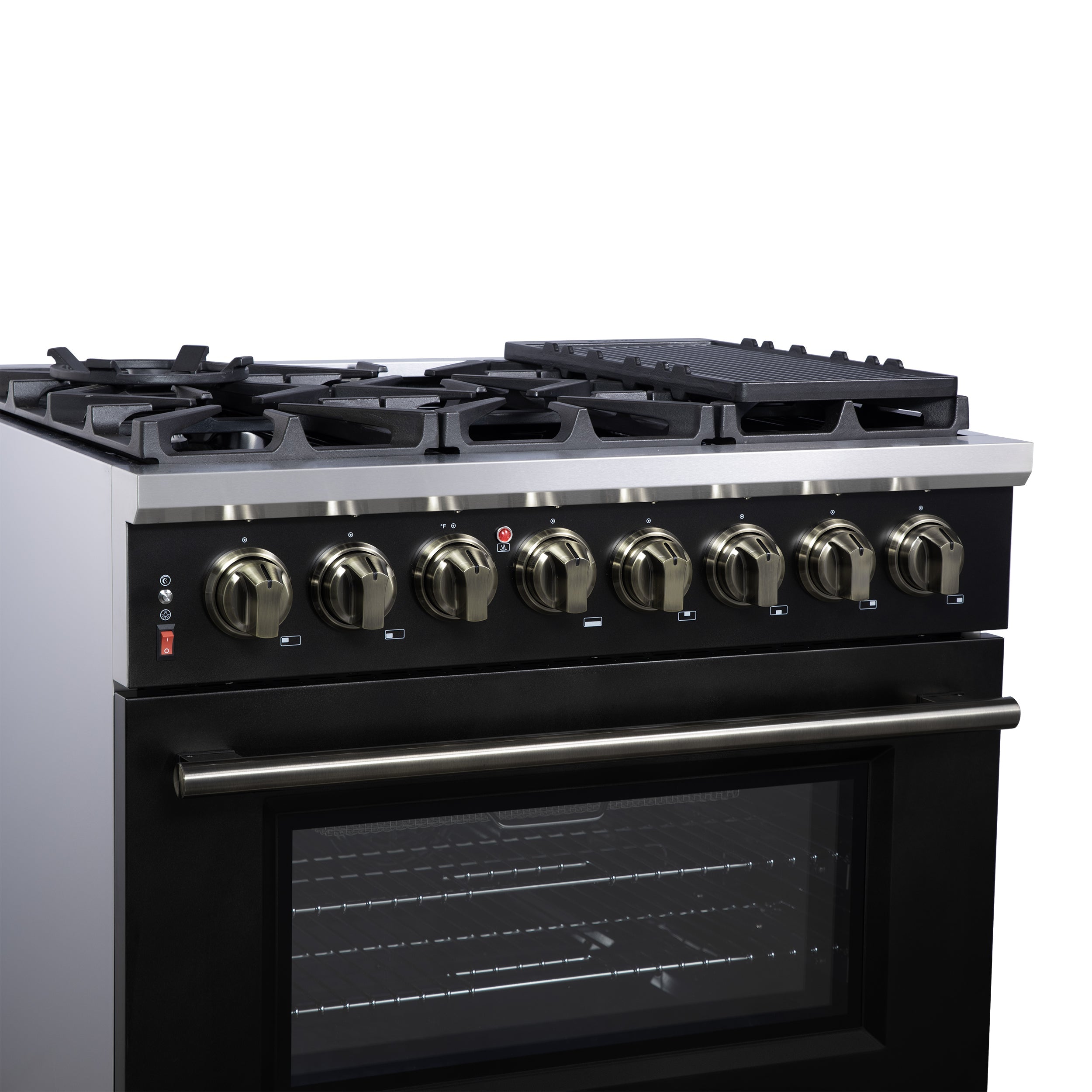 Forno Massimo 36-Inch Freestanding Dual Fuel Range, 6 Sealed Burners, 5.36 cu. ft. Convection Oven, Air Fry Kit, Wok Ring & Reversible Griddle, White with Brass Accents (Model FFSGS6125-36)