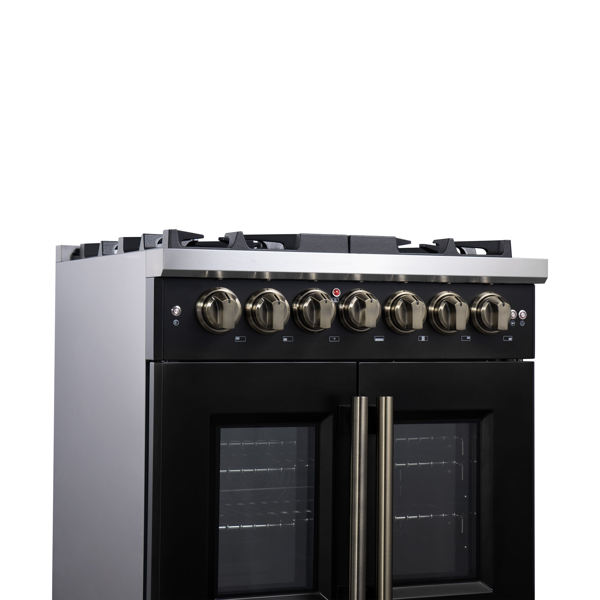 Forno Capriasca 30-Inch French Door Dual Fuel Range, 4.32 cu. ft., 5 Sealed Brass Burners, Air Fryer, Rotisserie, Griddle, Black with Antique Brass Accents (FFSGS6387-30BLK)