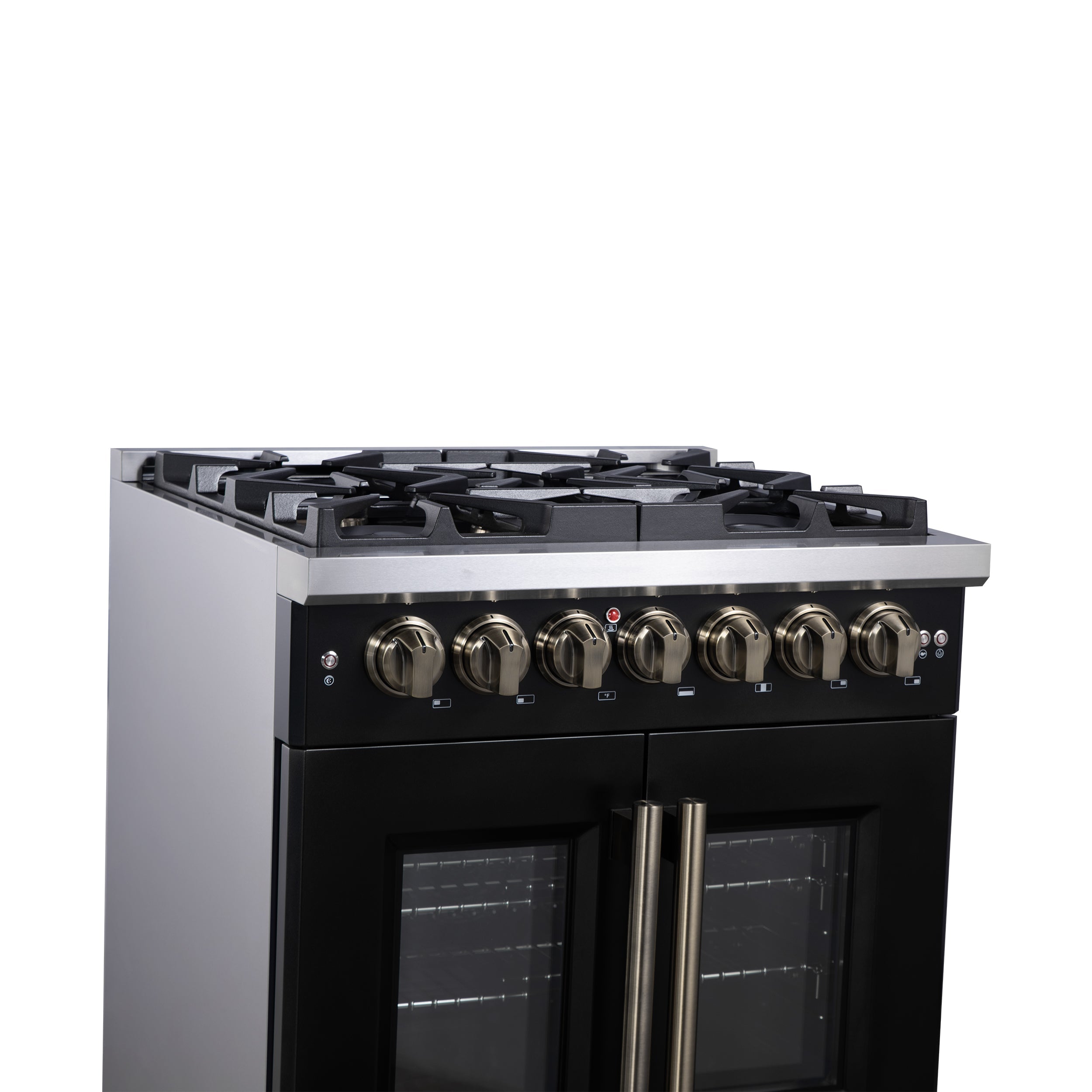 Forno Capriasca 30-Inch French Door Dual Fuel Range, 4.32 cu. ft., 5 Sealed Brass Burners, Air Fryer, Rotisserie, Griddle, Black with Antique Brass Accents (FFSGS6387-30BLK)