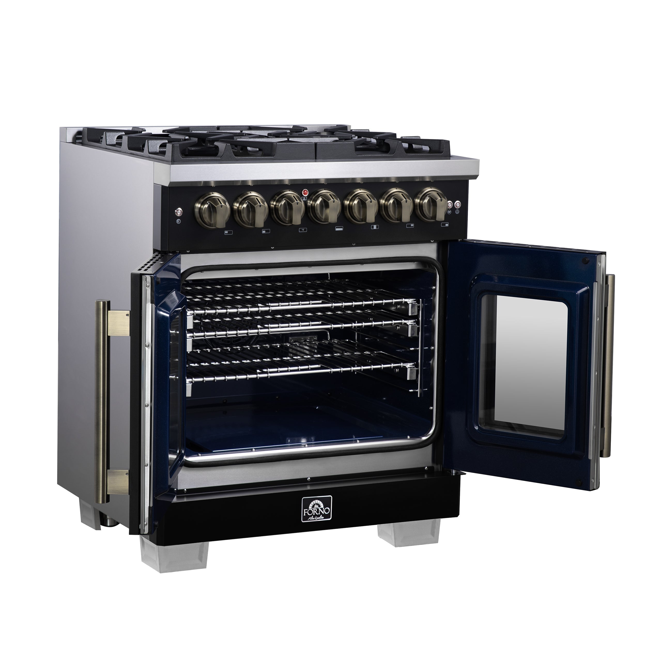 Forno Capriasca 30-Inch French Door Dual Fuel Range, 4.32 cu. ft., 5 Sealed Brass Burners, Air Fryer, Rotisserie, Griddle, Black with Antique Brass Accents (FFSGS6387-30BLK)
