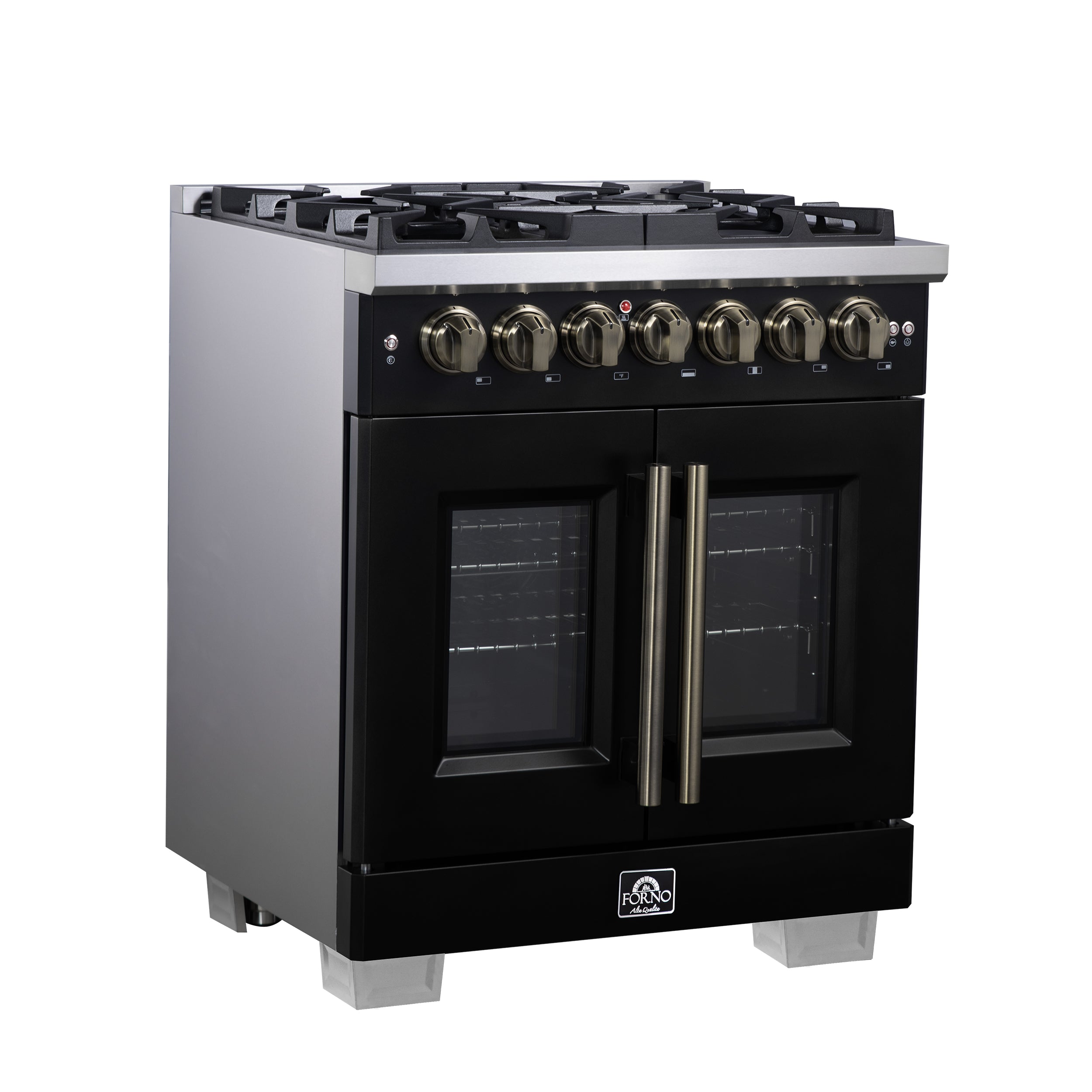 Forno Capriasca 30-Inch French Door Dual Fuel Range, 4.32 cu. ft., 5 Sealed Brass Burners, Air Fryer, Rotisserie, Griddle, Black with Antique Brass Accents (FFSGS6387-30BLK)