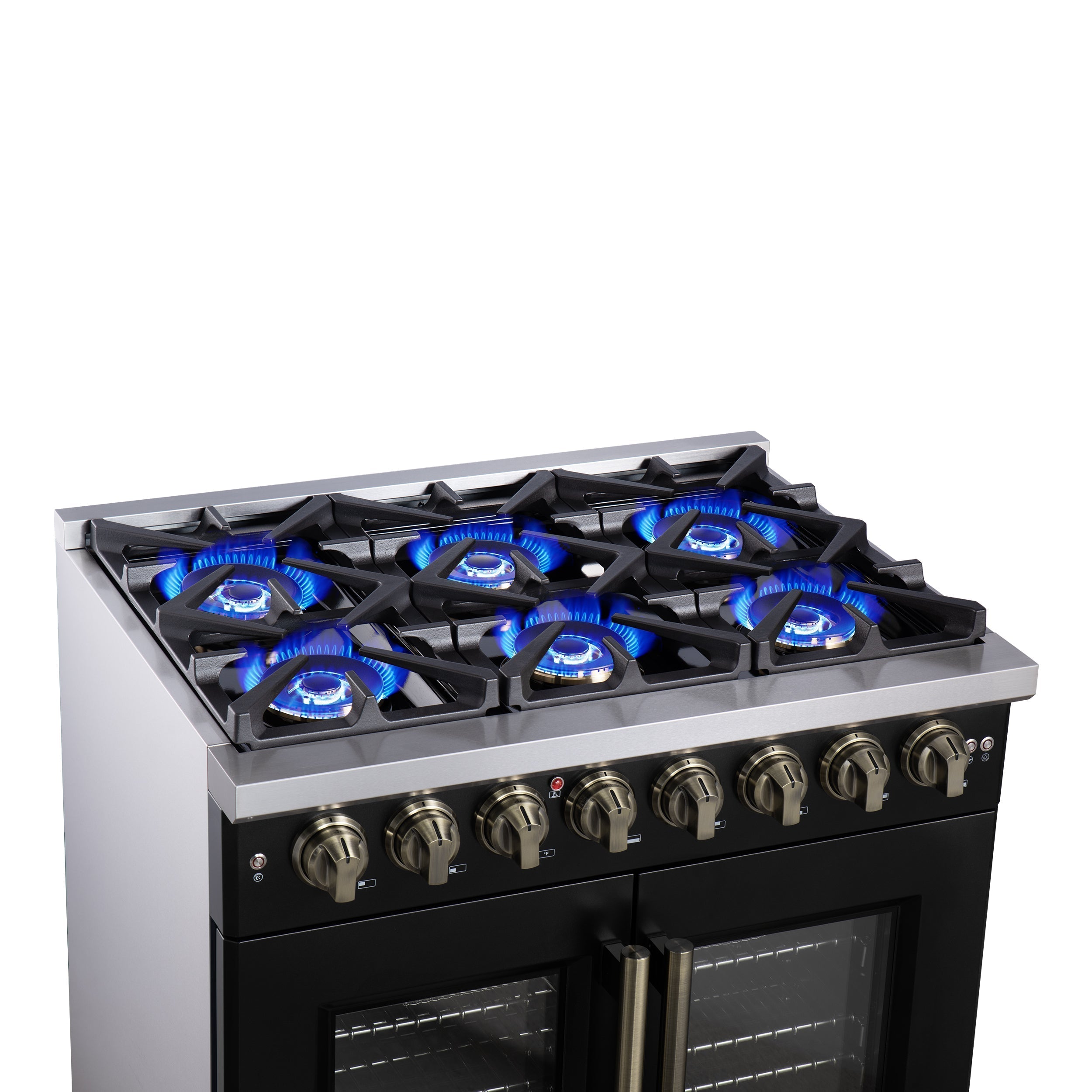 Forno Capriasca 36-Inch Dual Fuel Range, 5.36 Cu. Ft., 6 Sealed Brass Burners, Black with Antique Brass Accents, FFSGS6387-36BLK