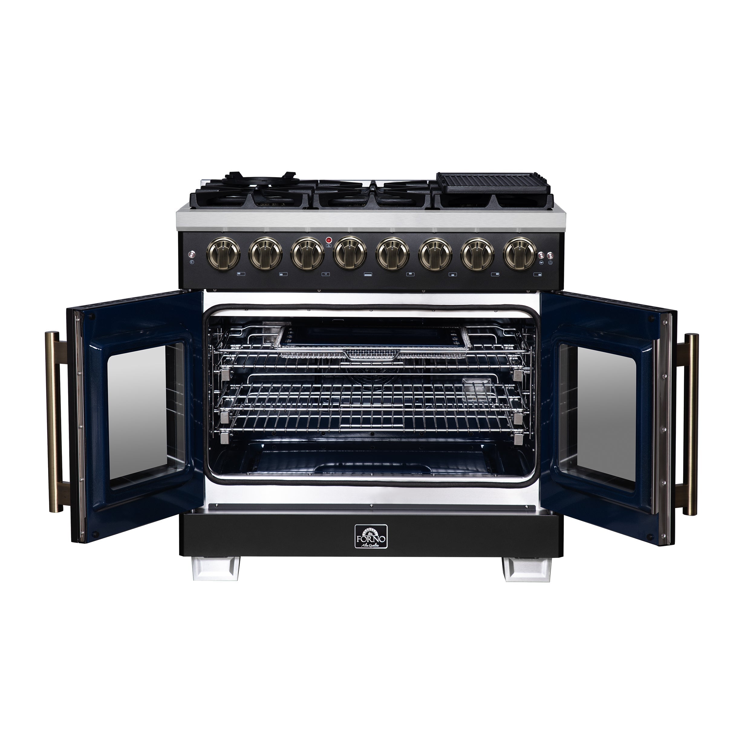 Forno Capriasca 36-Inch Dual Fuel Range, 5.36 Cu. Ft., 6 Sealed Brass Burners, Black with Antique Brass Accents, FFSGS6387-36BLK