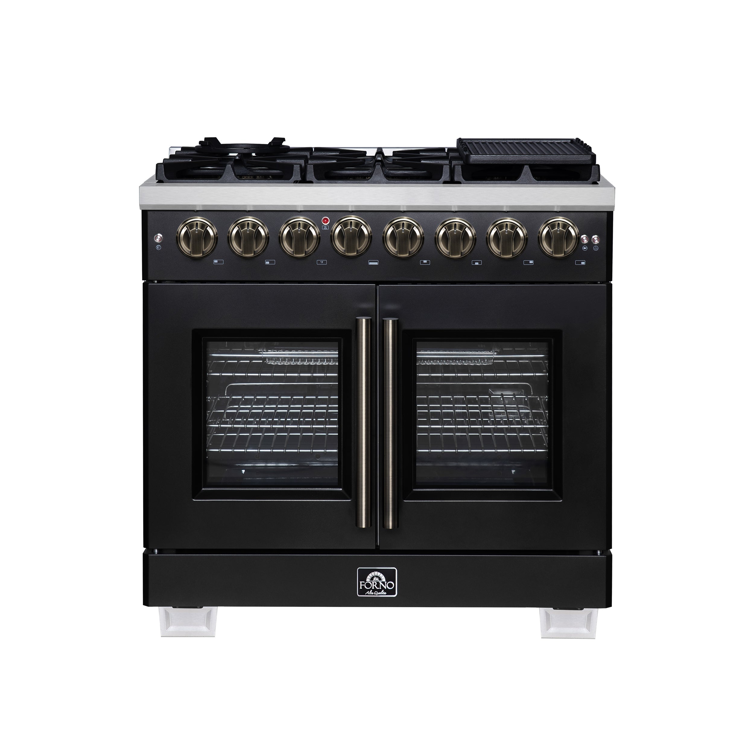 Forno Capriasca 36-Inch Dual Fuel Range, 5.36 Cu. Ft., 6 Sealed Brass Burners, Black with Antique Brass Accents, FFSGS6387-36BLK