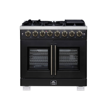 Forno Capriasca 36-Inch Dual Fuel Range, 5.36 Cu. Ft., 6 Sealed Brass Burners, Black with Antique Brass Accents, FFSGS6387-36BLK