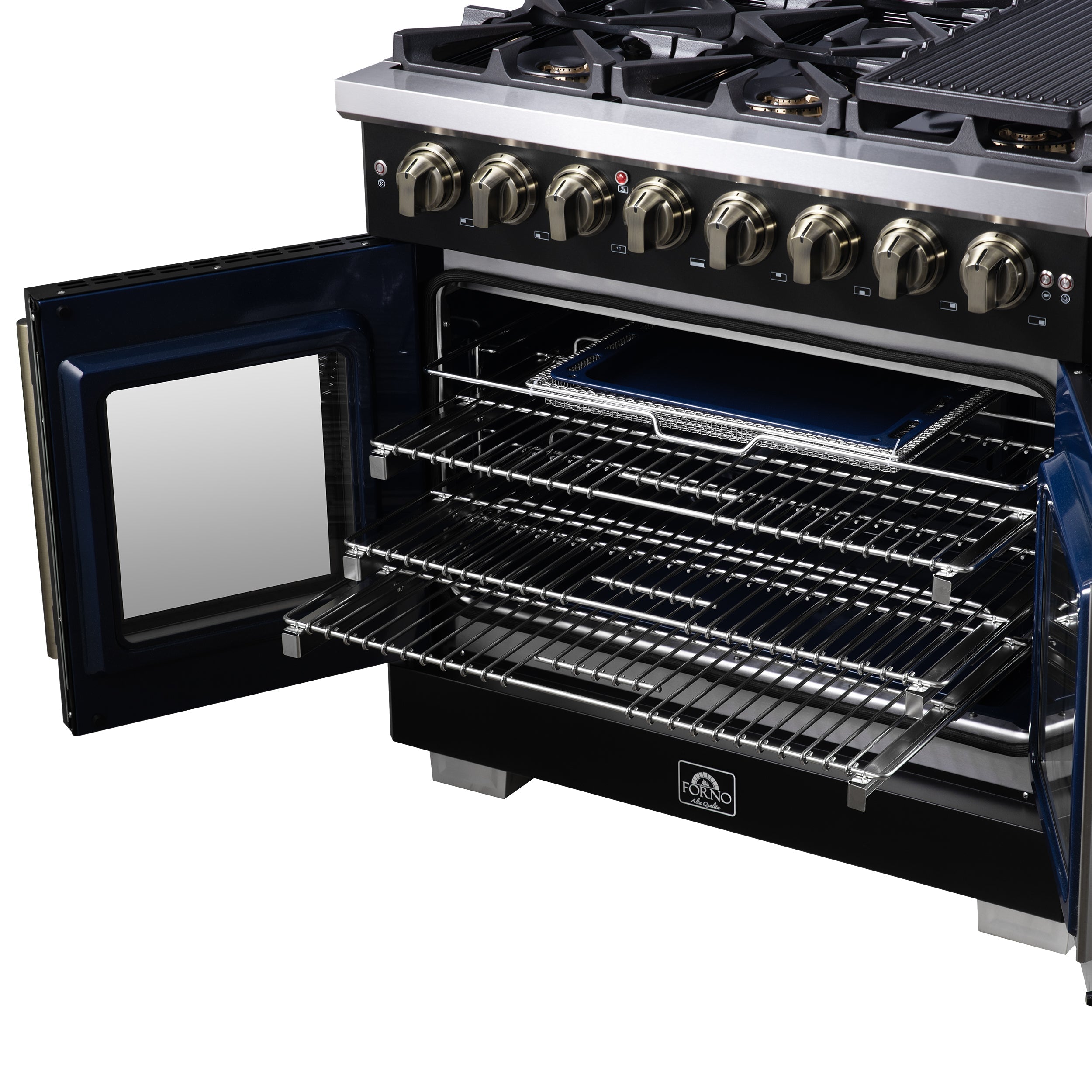 Forno Capriasca 36-Inch Dual Fuel Range, 5.36 Cu. Ft., 6 Sealed Brass Burners, Black with Antique Brass Accents, FFSGS6387-36BLK